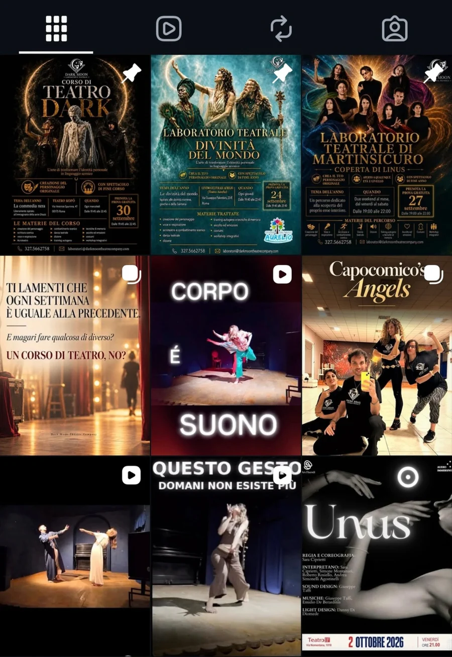 Griglia Instagram di Dark Moon Theatre Company con locandine dei laboratori, reel e spettacoli