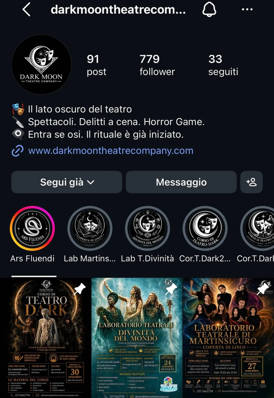 Profilo Instagram di Dark Moon Theatre Company con 91 post e 779 follower