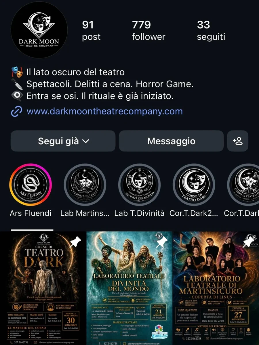 Profilo Instagram di Dark Moon Theatre Company con le locandine dei laboratori