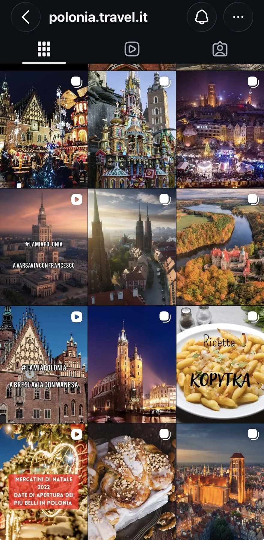 Feed Instagram di polonia.travel.it con mercatini di Natale, castelli, paesaggi e ricette polacche